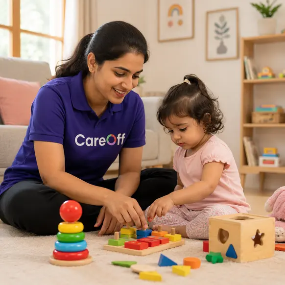 CareOff child care companion reading with a child at home in Hyderabad