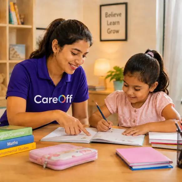 CareOff babysitter helping a child with homework at home in Bengaluru