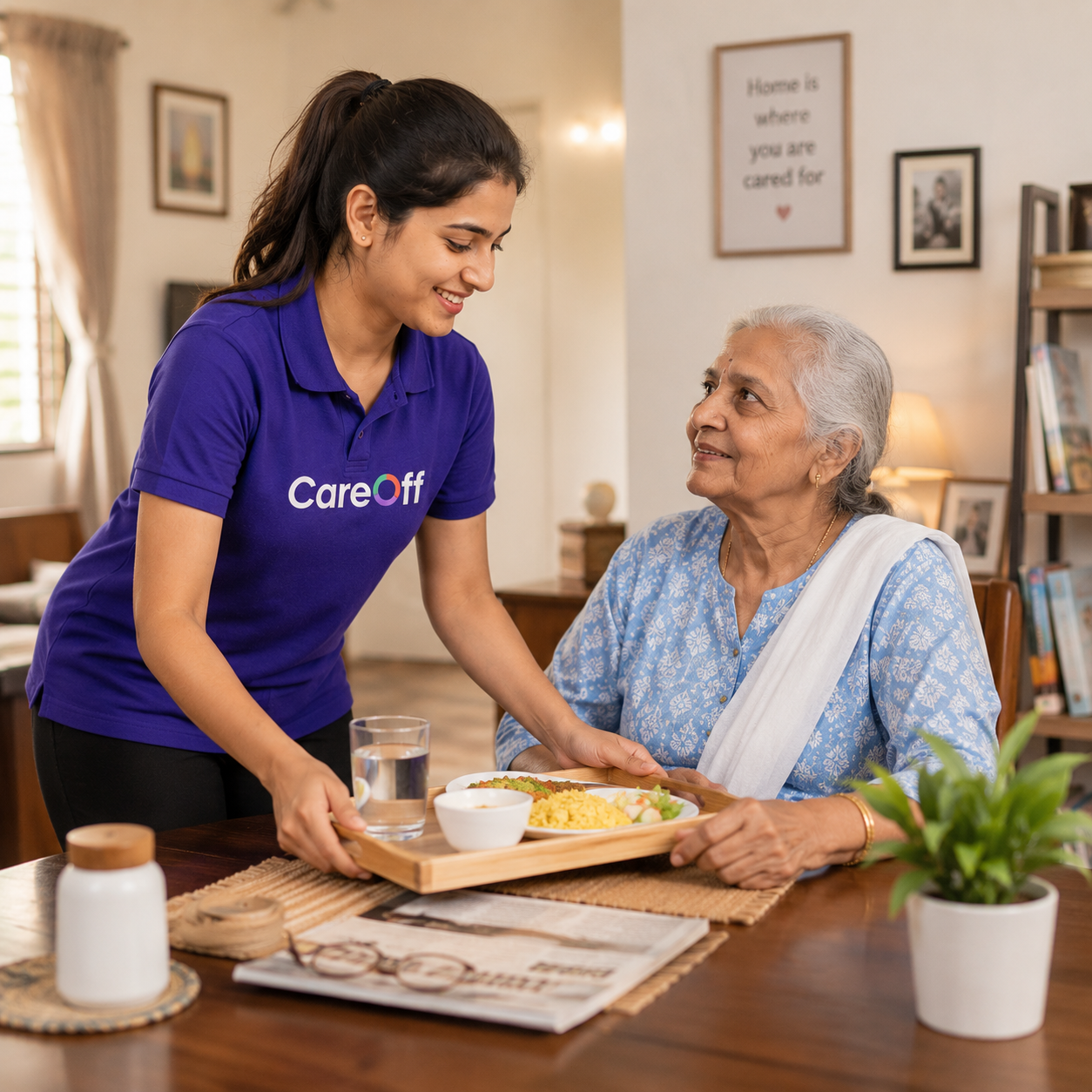 CareOff companion walking with elderly man at home in Hyderabad